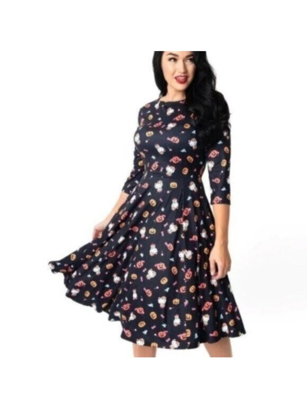 Black Halloween Print Fit-and-Flare Dress